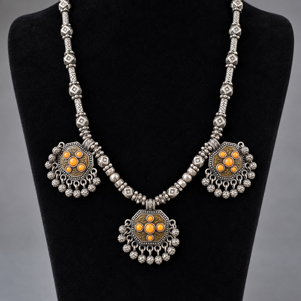 Vintage Style Silver Tone Orange Stone Tribal Boho Statement Necklace Dangles